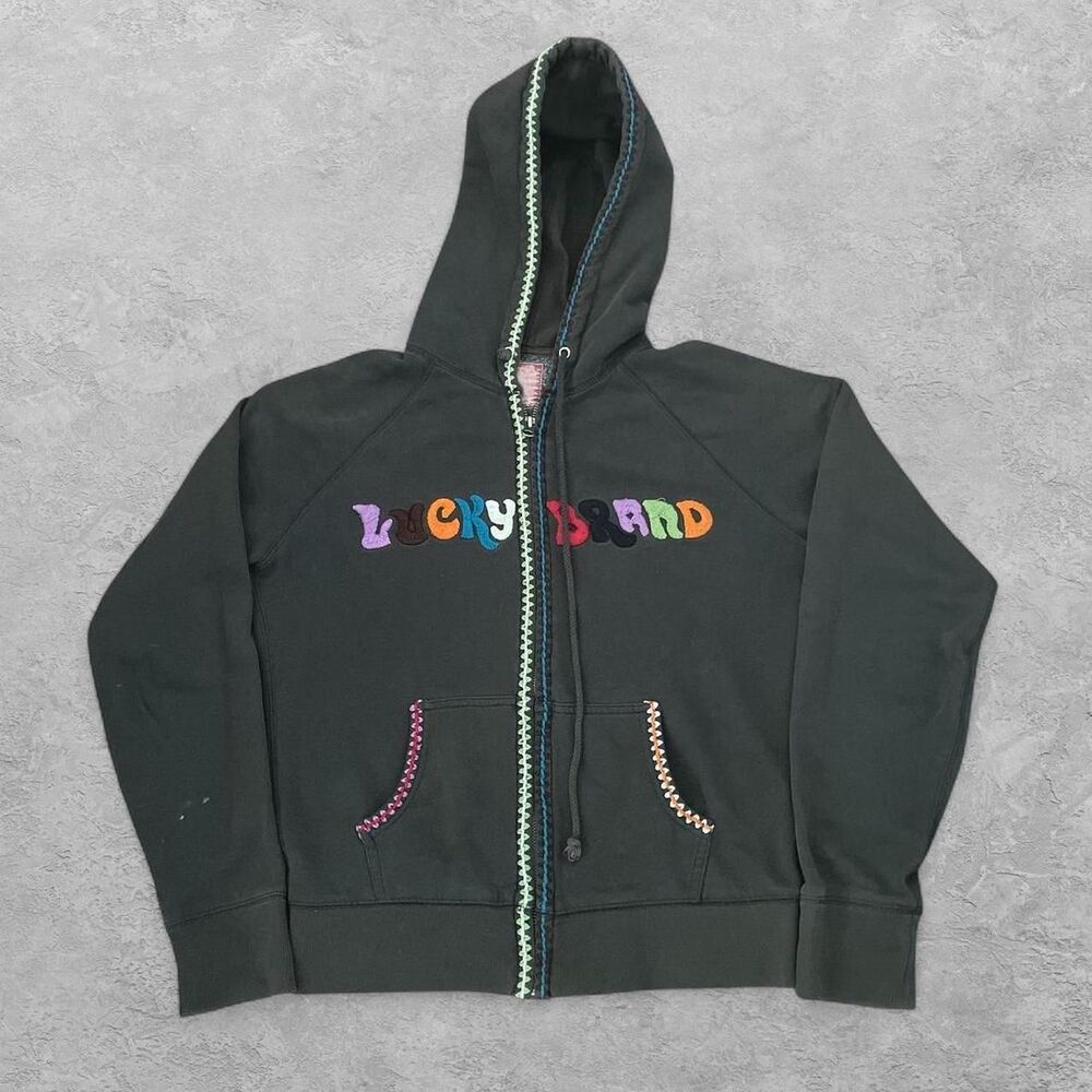 Vintage Y2K Lucky Brand Embroidered Zip Up Hoodie Brown S Boho Hippie